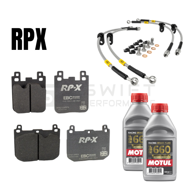 EBC RPX FRONT & REAR BRAKE PADS SET + HEL BRAIDED LINES KIT + MOTUL RBF 660 BRAKE FLUID – FOR BMW F SERIES M CARS & M LITES (F20/F21, F22, F87 OG, F87 COMP, F80, F82)