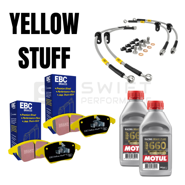 EBC YELLOWSTUFF FRONT & REAR BRAKE PADS SET + HEL BRAIDED LINES KIT + MOTUL RBF 660 BRAKE FLUID – FOR BMW F SERIES M CARS & M LITES (F20/F21, F22, F87 OG, F87 COMP, F80, F82)