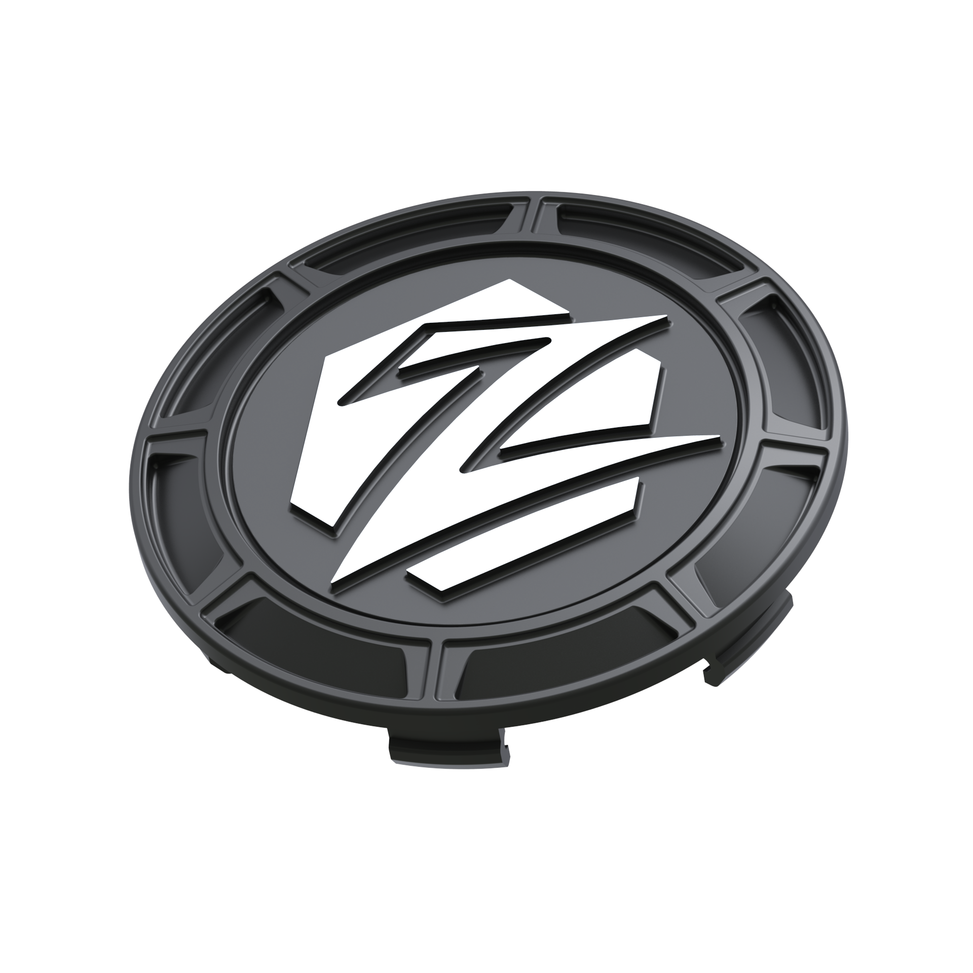 Black wheel covers on a white background