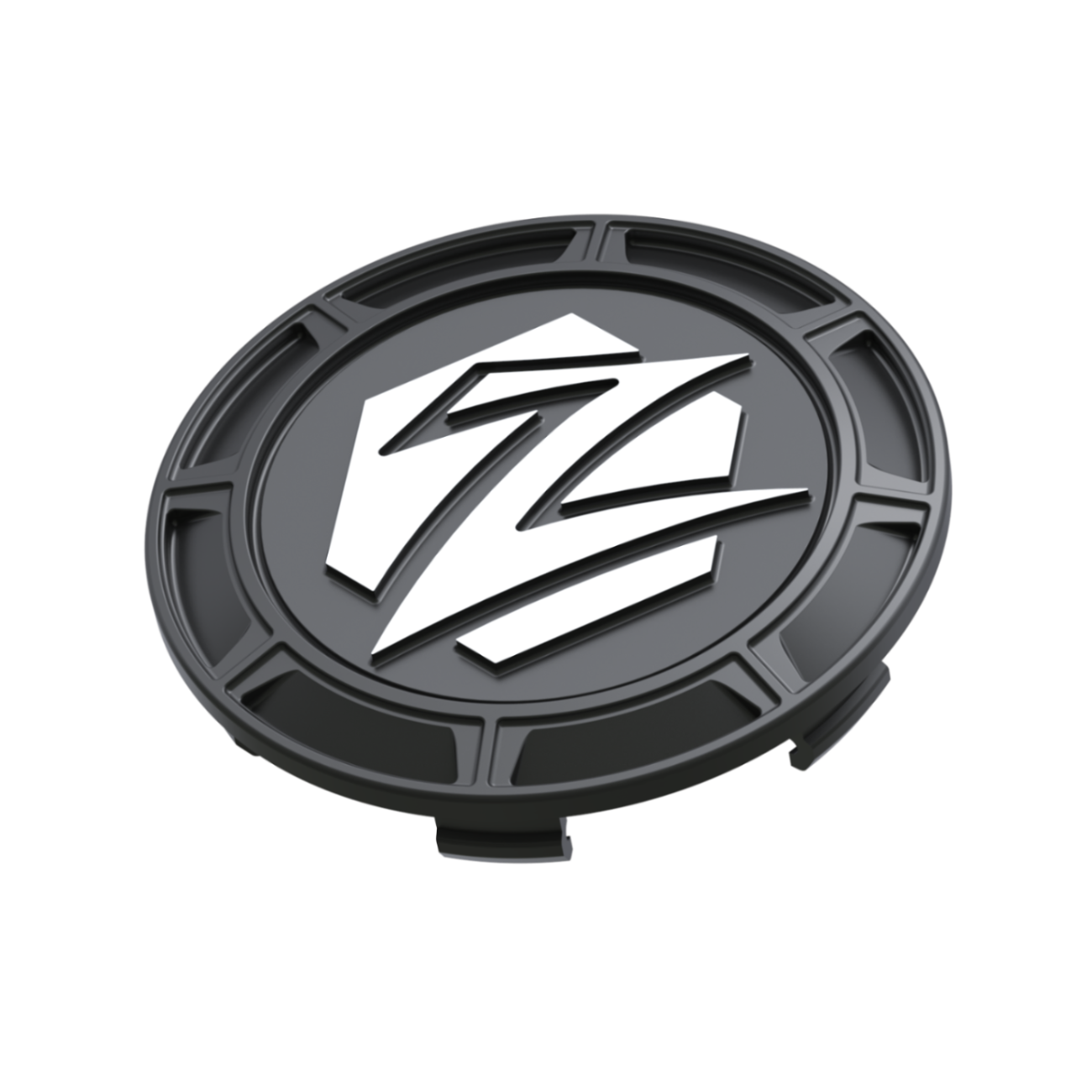 Black wheel covers on a white background